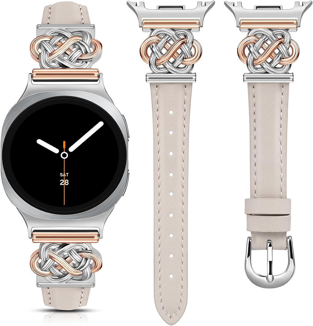 Minyee Celtic Knot Leather Band Compatible with Samsung Galaxy Watch 8 40mm 44mm/ 8 Classic 46mm Band Women, No Gap One-Click Slim Thin Dressy Premium Soft Leather Pretty Designer Adjustable Strap