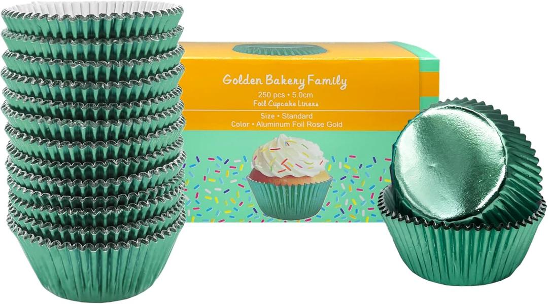 Standard Cupcake Liners Light Green Foil Muffin Liners250 PcsChristmas Liner,Greaseproof & No Smell Aluminum Foil Muffin Baking Cup,Cupcake Holder by GoldenBakeryFamily (Light Green)