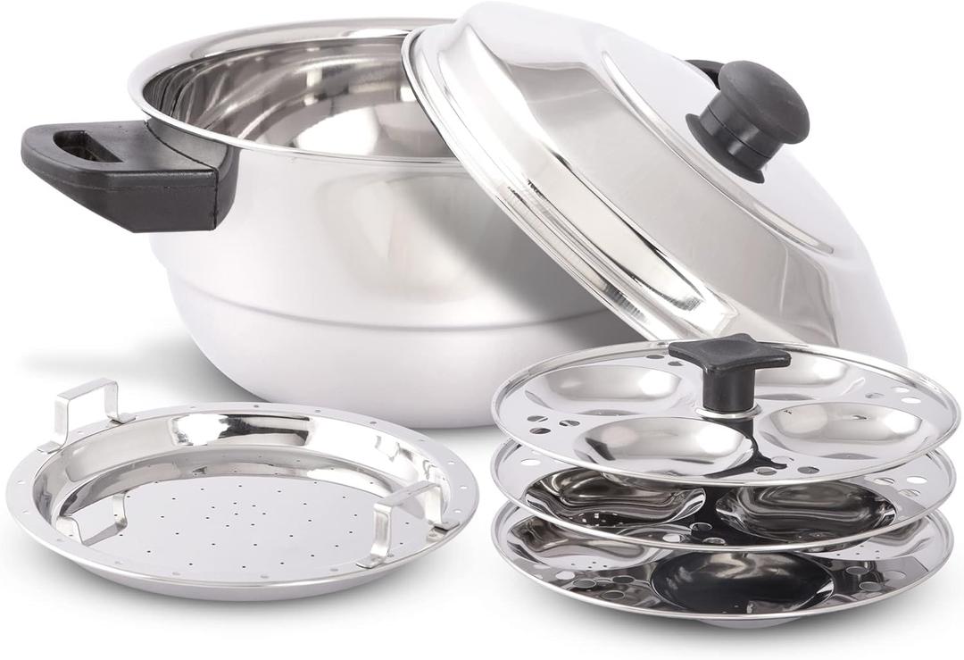 KSJONE Stainless Steel 5 pcs Multi Kadai (Induction Friendly) Idli Cooker with Stainless Steel lid, 3 idli Plates (12 Idlis), 1 patra Plate, Silver