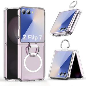 for Galaxy Z Flip 7 Case with Ring Compatible with Magsafe, Built-in Ultra Strong Magnetic & Finger Ring Holder, Anti-Yellowing Ultra-Thin Slim Fit for Samsung Galaxy Z Flip7 (Clear)