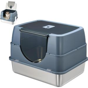 Stainless Steel Litter Box with Lid,Side Entry Large Litter Box,Enclosed High Sided Litter Boxes with High Sided Enclosure&Scoop,Anti-Urine Leakage Non-Sticky for Kitty&Medium Cats(Grey)