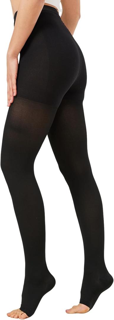 MGANG Medical Compression Pantyhose for Women & Men, 15-20mmHg Graduated Compression Support Tights, Open Toe, Opaque Waist High Compression Stockings for Edema, Varicose Veins, Flight, DVT, Black M
