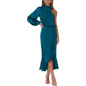MITILLY Women's Satin Formal One-Shoulder Mock Neck Long Sleeve Bodycon Wrap Mermaid Hem Cocktail Party Maxi Dress New (Peacock Blue), S