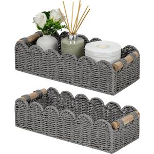 CubesLand Bathroom Basket Organizer, Toilet Tank Paper Storage Baskets 2-Pack, Scalloped Decorative Basket for Countertop w/Handle, Wicker Basket for Bathroom Decor, Home Decor, Living Room, Grey (14"D x 6.3"W x 3.9"H)