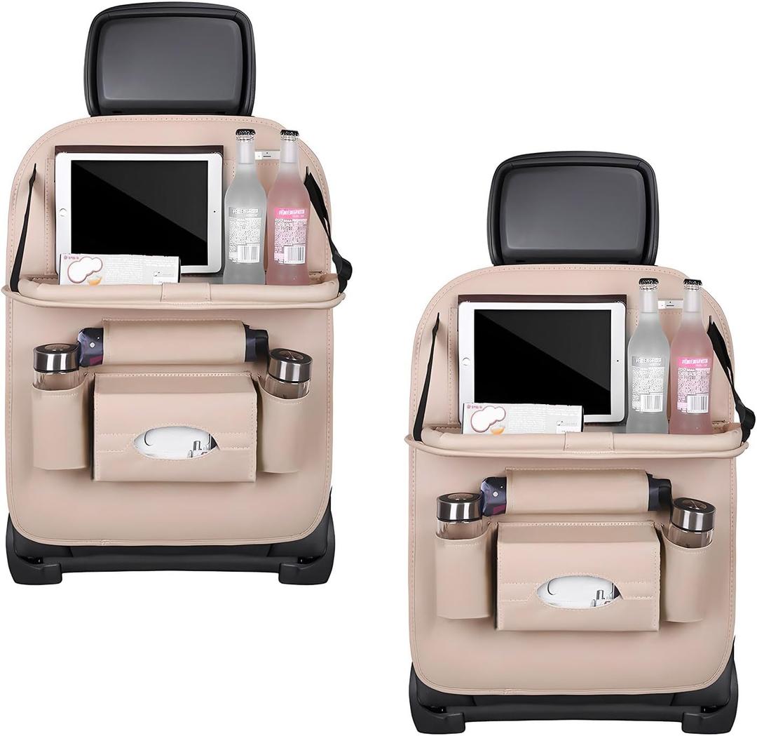 2PCS Car Backseat Organizer, Leather Multi-Pocket Seat Back Protector with Foldable Table Tray, Multifunctional Vehicle Storage Organizer Kick Mat for Kids Toddler Travel (Beige)