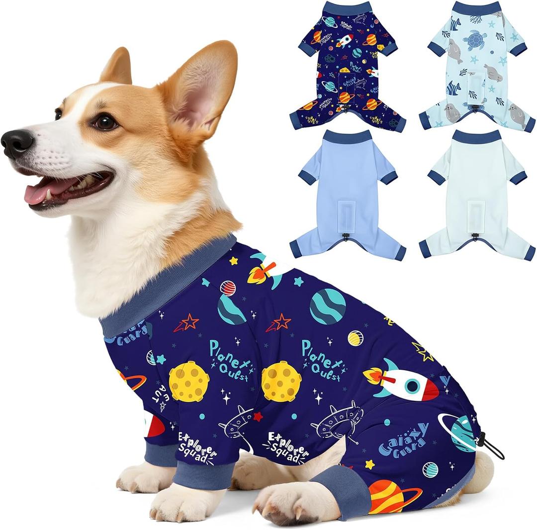 Bienbee Dog Pajamas, 4 PCS Dog Jammies Onesie Pjs Soft Stretchy Doggie Pajamas Dogs Clothes Costume for Small Medium Large Dogs Boy Girl(Rockets and Marine Animals Set)-XL