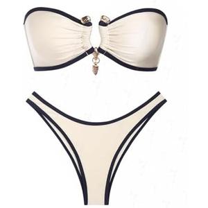 seamoly Ruched U-Ring Metal Tied Back Bandeau Top & Brazilian Bottom Bikini Set, L