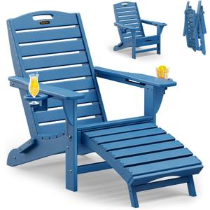 Folding Adirondack Chair with Retractable Ottoman Weather Resistant Fire Pit Chair Patio Chair with 2 Cup Holder Lawn Outdoor Lounge Chair (Navy Blue)