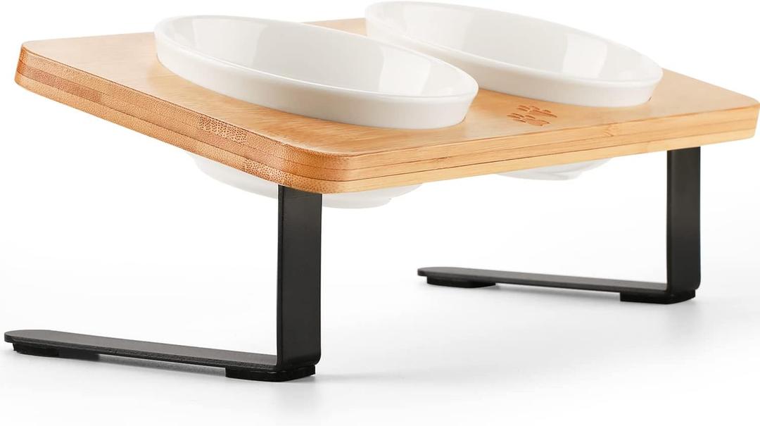 Ceramic Elevated Cat Bowls with 10 Tilted, Anti Vomiting & Whisker Friendly Food and Water Bowls with Bamboo Stand(Anti-Slip Feet), Raised Cat Food Bowls for Indoor Cats & Puppies, Dishwasher Safe (5" Bowls x2)