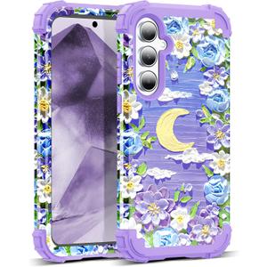 for Galaxy A35/A55 5G Case,3 in 1 Oil Painting Flower Pattern Heavy Duty Shockproof Protection Silicone Rubber Bumper+Hard Plastic Protective Cover for Samsung A35/A55 6.6",Purple/Yellow