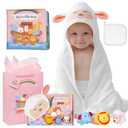 My First Noahs Ark 7 pcs Baptism Gift Set, Dedication, Christening and Baptism Gifts for Girl and Newborn Baby, Includes Washcloth and Hooded Towel, Baby Bath Book, 3 Bath Toys and Gift Bag (Pink)