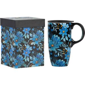 Ceramic Coffee Mug Travel Cup Gift with Lid 17oz, Porcelain Tall Tea Cup with Handle for Home & Office, Blue & Flower Art Pattern Mug in Gift Box, 6.5''H