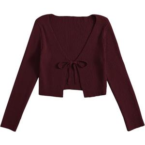 Floerns Women's Tie Front Long Sleeve Rib Knit Shrug Sweaters Cardigan Crop Top M