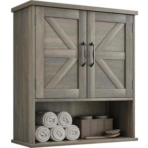 Bathroom Wall Cabinet with Barn Doors, Wall Mounted Bathroom Storage Cabinet, Farmhouse Style, Adjustable Shelf, Wall Mount, Gray