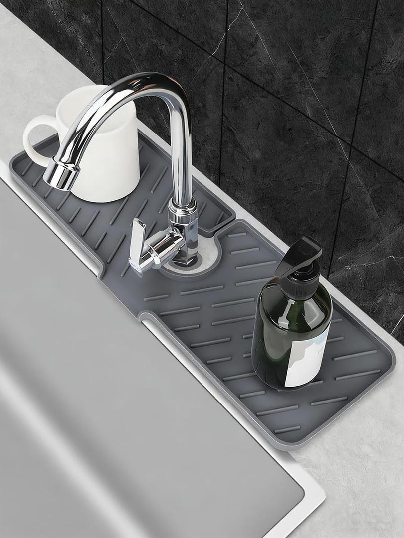 Silicone Faucet Tray - Kitchen and Bathroom Sink Organizer with Drip Catcher, Soap/Sponge Holder and Splash Guard Protector(17.7*6.3 inch-Dark Grey)