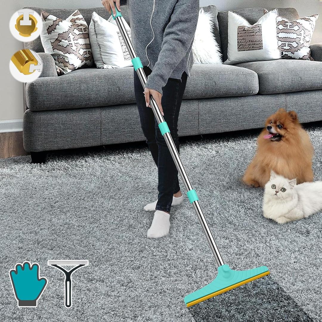 B-Land Carpet Rake for Pet Hair Removal, Reusable Pet Hair Remover with 60 Adjustable Long Handle, Carpet Scraper Dog Cat Hair Remover Tool for Rugs, Mats, Couch, Furniture Blue