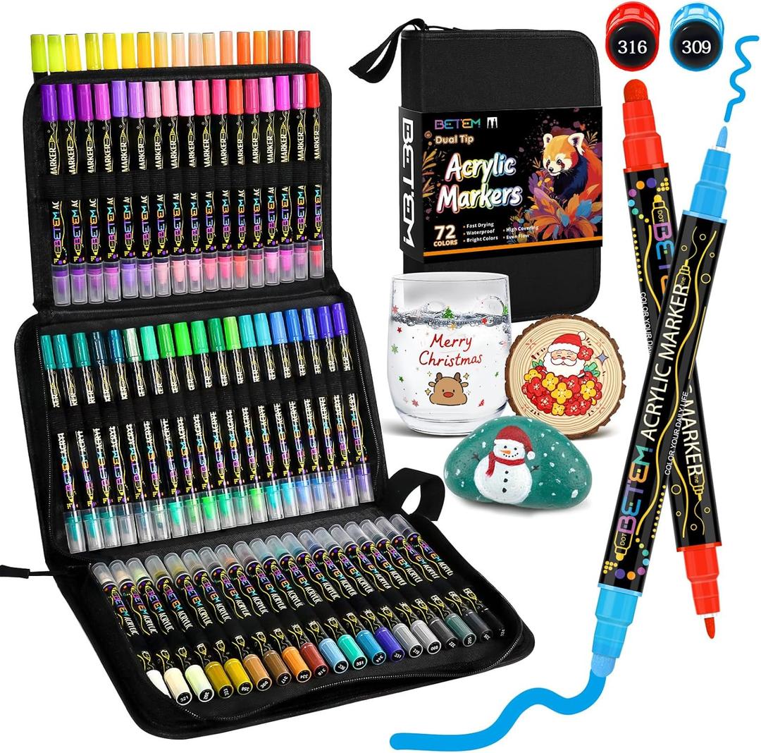 Betem Acrylic Paint Markers Pens, Dual Tip 72 Colors Premium Paint Pens Acrylic Markers for Wood, Fabric, Canvas, Stone, Rock Painting, Glass, Ceramic Surfaces, DIY Crafts Making Art Supplies with Bag