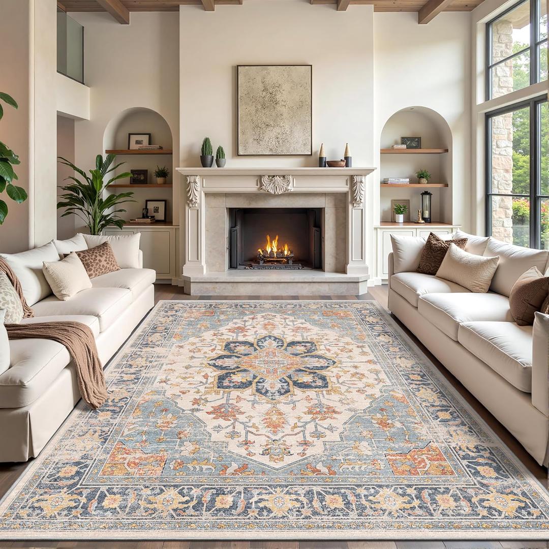 Rugland 8x10 Area Rugs for Living Room - Stain Resistant Washable Rugs 8x10, Non Slip Backing Vintage Tribal Pattern Machine Washable Large Area Rugs (8'x10', Blue)