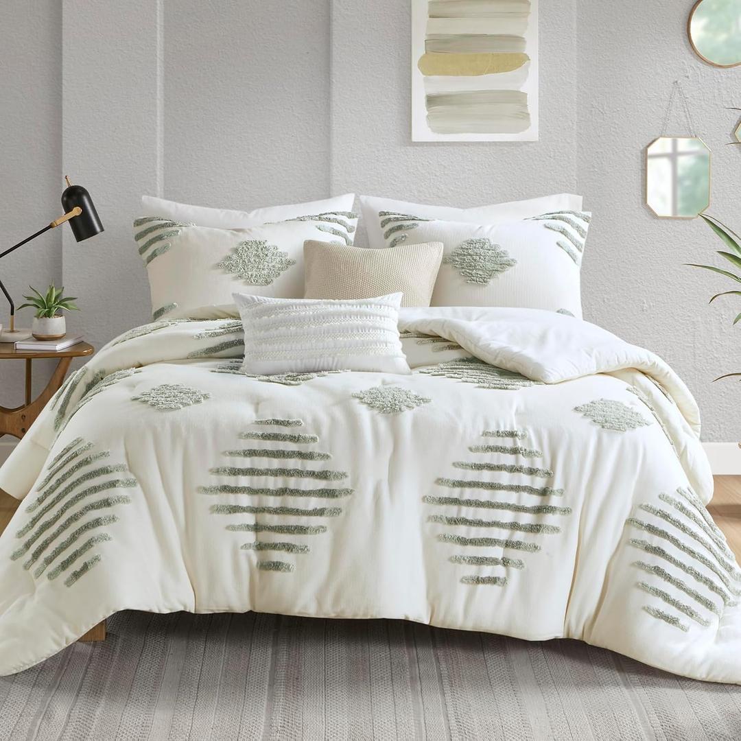 Ink+Ivy Comforter Set Chenille Tufted Geometric Comforter for Queen Size Bed, Down Alternative All Season Lightweight Queen Bedding & Shams, Shay, Full/Queen, Green/Ivory 3 Piece, King/Cal King