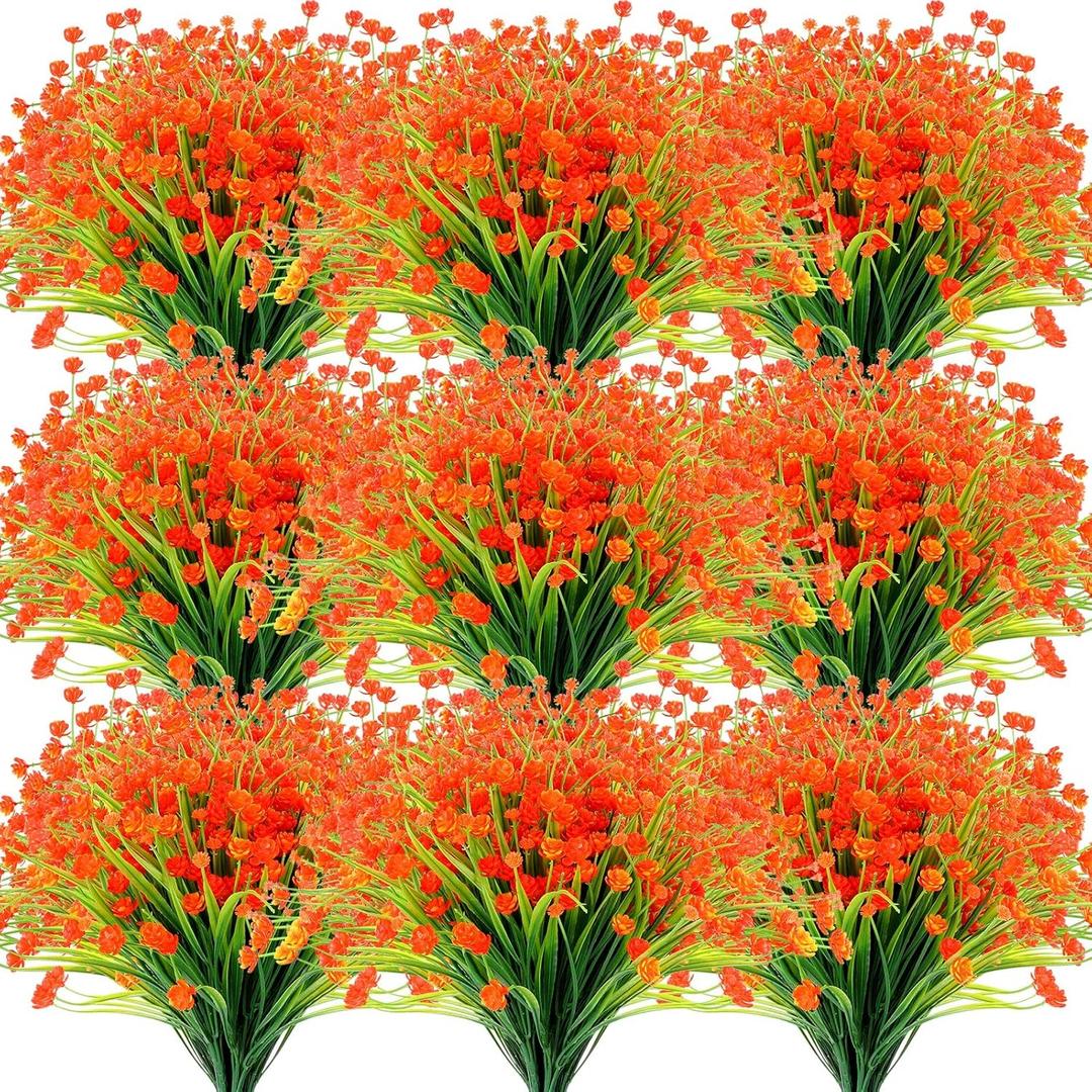 Hoteam 40 Bundles Outdoor Artificial Flowers Plants UV Resistant Outside Fake Flowers Plastic Plants Outdoor Spring Summer Seasons Decoration Shrubs Garden Porch (Orange) (Red)