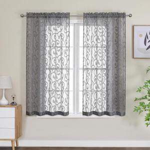 OWENIE Furman Sheer White Curtains 45 Inch Length 2 Panels Set for Living Room Bedroom Bathroom Window, Airy Jacquard Clip Short Curtains for Small Window, 40Wx45L inch