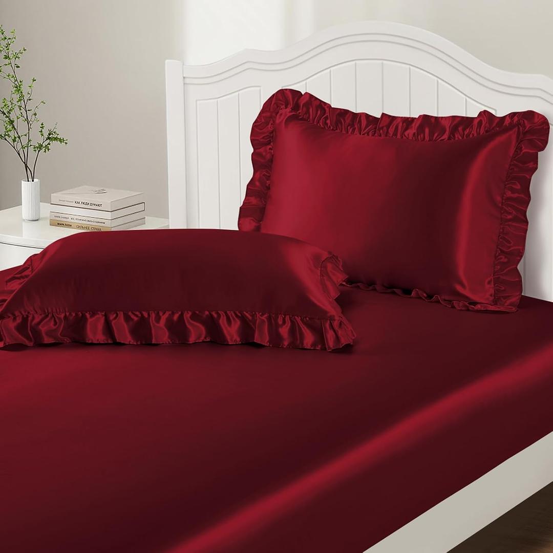 P Pothuiny 3-Piece Set Ruffle Satin Pillowcases & Twin Fitted Sheet, Luxury Burgundy Satin Fitted Sheet Silky Soft Cute Bedding Bedroom Dorm Decor, Wrinkle Free, 15 Inch Deep Pocket