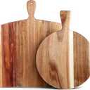 2 Pcs Acacia Wood Cutting Board with Handles Charcuterie Boards for Kitchen Round & Rectangular Wooden Cutting Board Set for Cheese Meat Fruit Pizza Bread, 16x12 Inch, 17x13 Inch