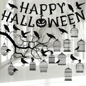 BBTO 38 Pcs Glitter Black Crow Cage Decorations for Gothic Halloween Tree Hanging Decorations Happy Halloween Banner Raven Bird and Cage Garland Centerpiece Backdrop for Horror Theme Party Supplies