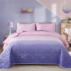 Xruibed Pink Purple Quilt Set Queen Size Ombre Quilt Set Kids Girls Bedding Set 3PCs Reversible Lightweight Microfiber Bedspread Coverlet Sets for All Season (96''x90'')
