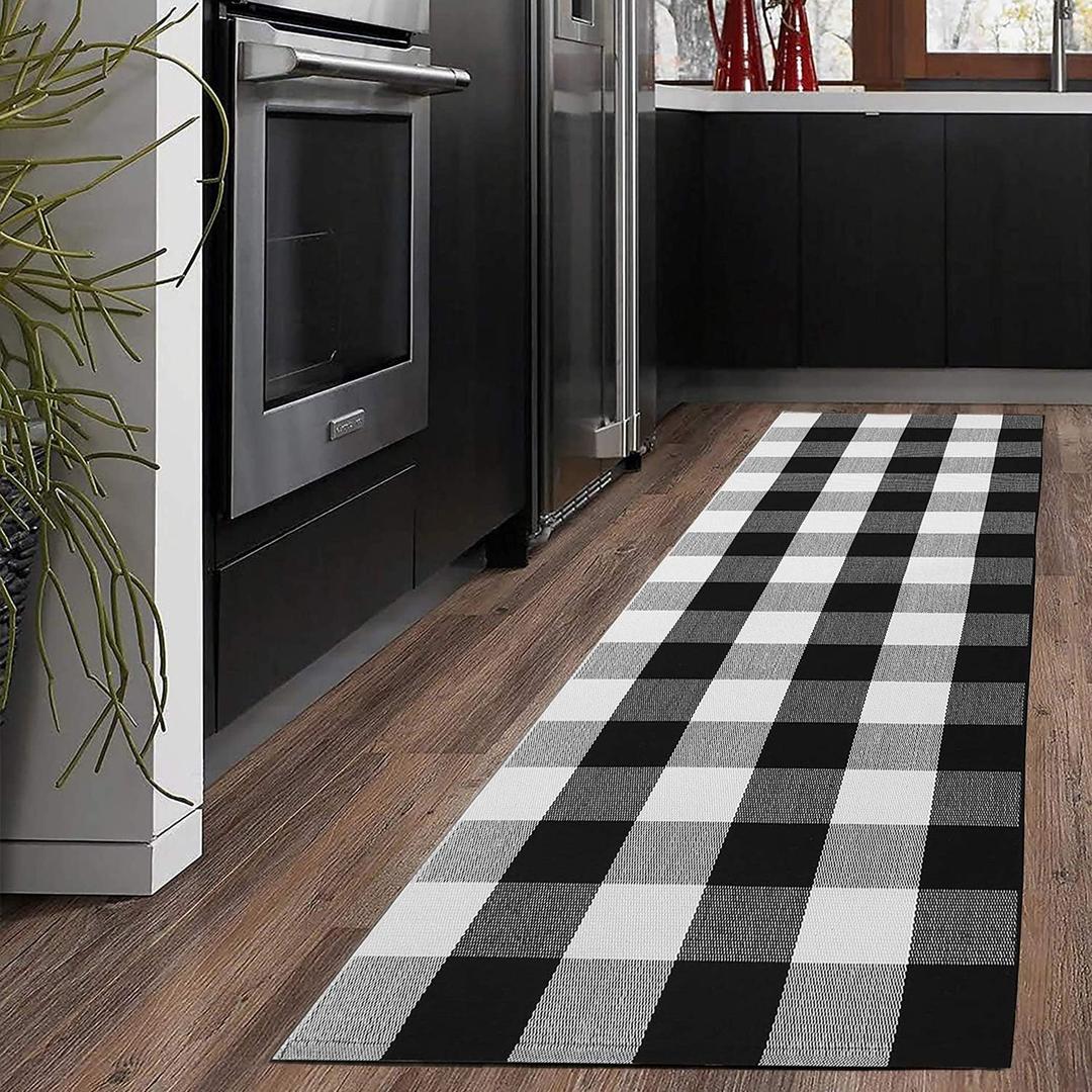 Buffalo Check Runner Rug (24 x 71 Inches),Hand-Woven Buffalo Plaid Runner Rugs, Black and White Checkered Outdoor Rugs for Kitchen/Living Room/Bathroom/Laundry Room