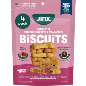 Jinx Oven-Baked Beef Bone Broth Biscuit Treats, Crunchy, All Natural, Superfood-Rich with Real Beef, Pumpkin & Blueberries, 16oz, 4 Pack (EXP 10/13/27)