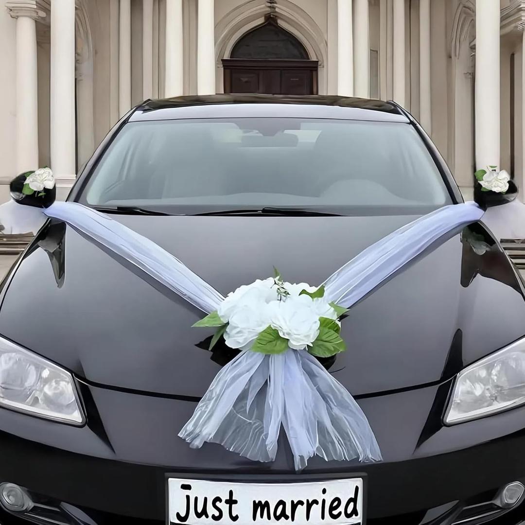 Wedding Car Decorations Kit with White Artificial Flowers, Satin Ribbon Bows, Just Married Hood Garland, Bride and Groom Vehicle Decor for SUV Truck Outdoor Wedding Party Bonnet Bouquet