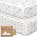 2 Pack and Play Sheets, Waterproof Mini Crib Sheets Fitted - 38x26 Organic Cotton Pack N Play Sheets for Graco Pack and Play Mattress, Playard Baby Crib Sheets,Neutral for Boy,Girl,Toddler(KeaSafari)