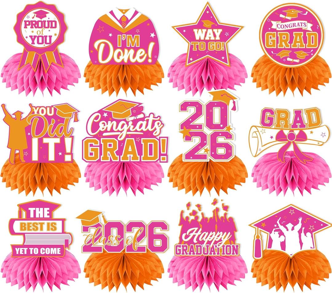 12Pcs Pink and Orange Graduation Decorations Honeycomb Centerpieces, Class of 2026 Graduation Centerpieces for Tables, Orange and Pink Congrats Grad Graduation Table Decorations Table Toppers