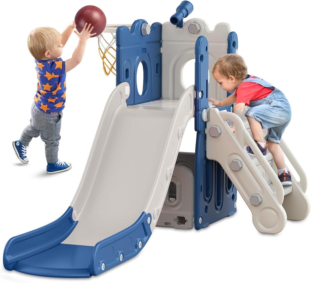 BIERUM 7 in 1 Toddler Slide, L-Shaped Baby Slide for Toddlers Age 1-3 with Basketball Hoop, Ring Toss, Storage Space, Outdoor Indoor Slide Playset Toddler Playground Blue Gray