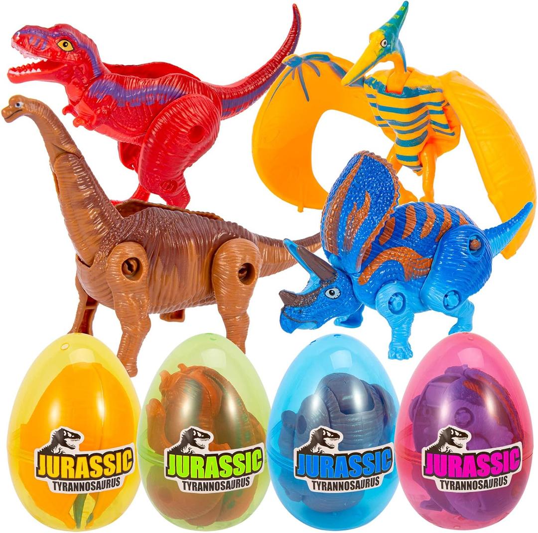 4 Pack Easter Hatching Eggs Dinosaur Toys Filled with Jumbo Deformable Transforming Dinosaur Toys Plastic Surprise Eggs Easter Basket Stuffers Fillers for Easter Eggs Hunt Party Favor Classroom Prize