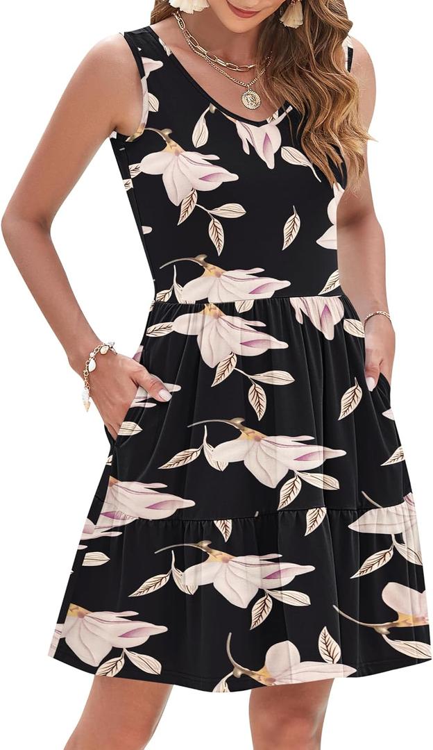 AUSELILY Womens Summer Dresses 2026 Casual Sleeveless Sundress Beach Vacation Flowy Tiered Short Dresses with Pockets (S)