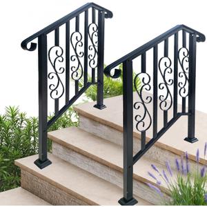 Hand Rails for Outdoor Steps, 3 Step Stair Handrail & Indoor Stair Railing Kit, Black Railings for Outdoor (2 Pack)