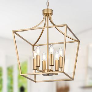 6-Light Gold Large Cage Chandelier, Modern Pendant Light Fixtures Kitchen Island Lighting for Foyer Hallway Entryway, E12 Bulb Base