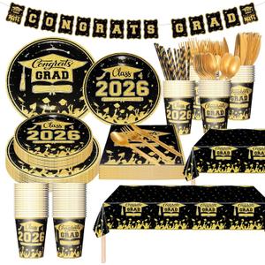 Graduation Plates and Napkins 2026, Graduation Decorations 2026, 403pcs Black and Gold Graduation Decorations with Disposable Plates Napkins Cups Tablecloth, Serve 50