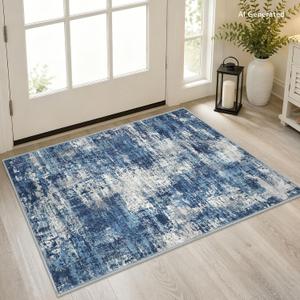 Lansny Abstract Washable Entryway Rug 2x3 Area Rug Small Non Slip Door Mat | Blue;Thin Printed Faux Wool Kitchen Rug;Door Mat;Small Rugs;Front Door Rug;IndoorEntry Rugs;Rubber Backed Foyer Floor Carpet
