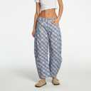 Women's Printed Barrel Jeans Wide Leg Baggy Denim Pants Mid Rise Boyfriend Plaid Pants Y2k Distressed Trousers Deepblue (US 26)
