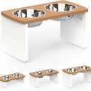 Elevated Dog Bowls, Waterproof Raised Dog Bowl for Medium & Large Dogs, HIPS Poly Lumber Stand with 2 Stainless Steel Bowls, Indoor & Outdoor Use (10'' Tall48 oz Bowl, Teak-White)