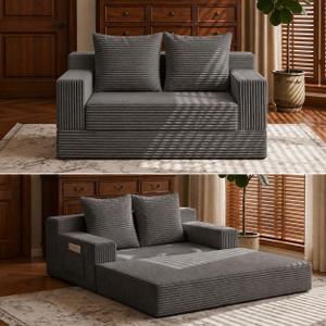 Boneless Loveseat Folding Sofa Bed, Foldable Floor Futon Sleeper Couch Bed - Convertible Sofa Bed, Corduroy Pull Out Sofa Bed with 2 Pillows for Living Room & Bedroom