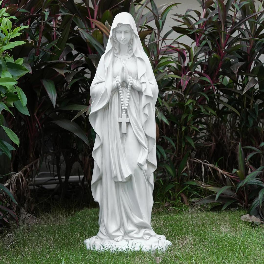 Virgin Mary Statue 31.49 Inch Religious Garden Statue Solar Mary Statue Outdoor Yard Patio Deck Home Entryway Hallway Sculpture (White)