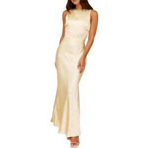 Summer Satin Maxi Dresses for Women 2025 Elegant Classy Silk Formal Sleeveless Open Back Spaghetti Strap Wedding Guest Dress (Yellow, S)