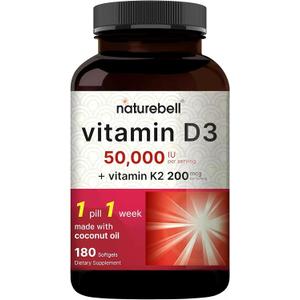 NatureBell Vitamin D3 50,000 IU with Vitamin K2 200mcg, 180 Softgels | High-Potency Bone & Immune Support*, Easy Absorption with Coconut Oil, Non-GMO & Gluten-Free