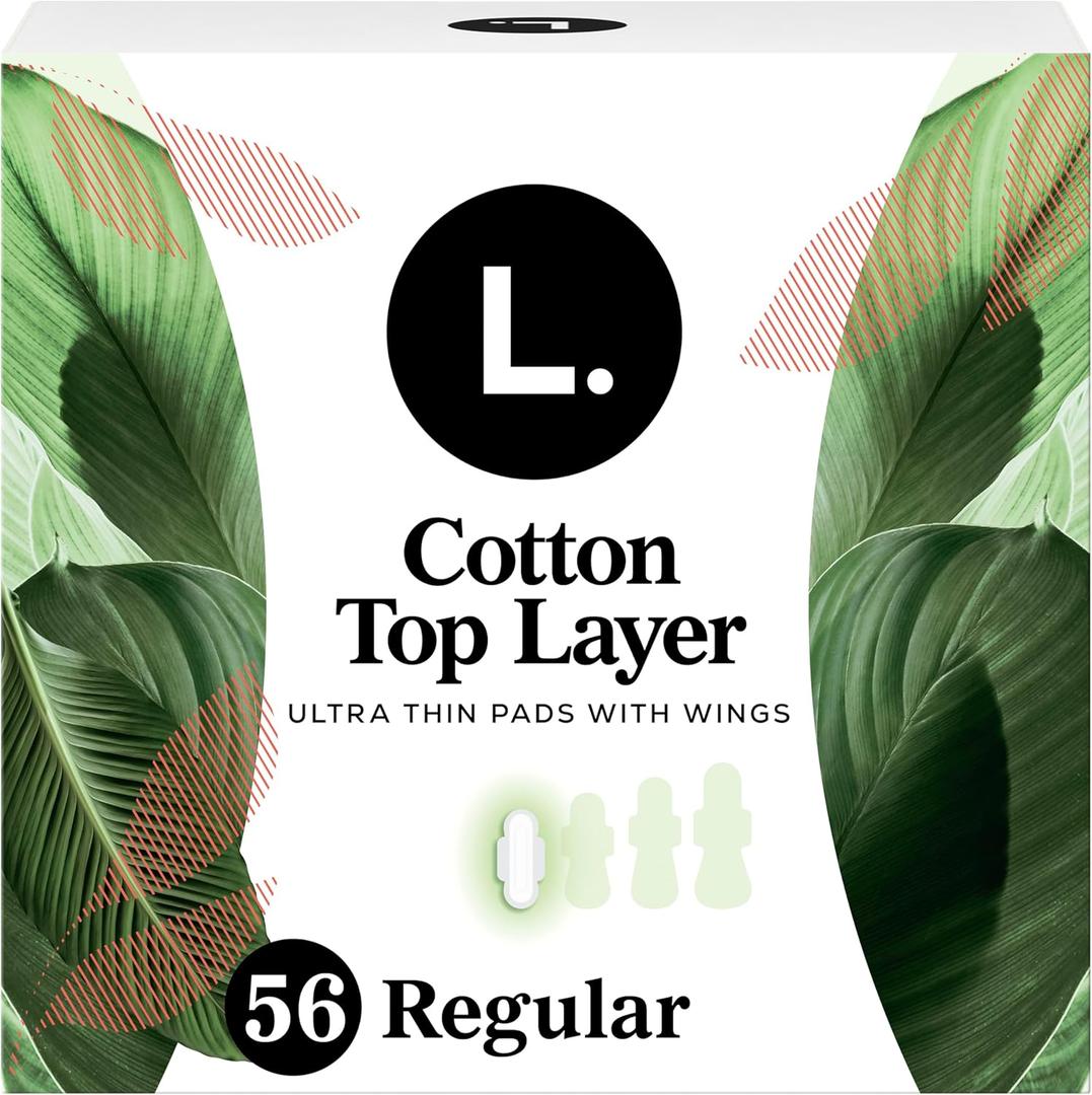 L. Ultra Thin Pads for Women, Regular Absorbency, Organic Cotton Top Layer, Unscented Pads with Wings, 56 CT