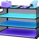3 Tier Desk Organiser with Handle, Pull-Out Mesh File Organizer for Letter Tray Organizer Mesh Desk Organiser Tray Paper Storage Rack for A4 File Office Supplie, Black