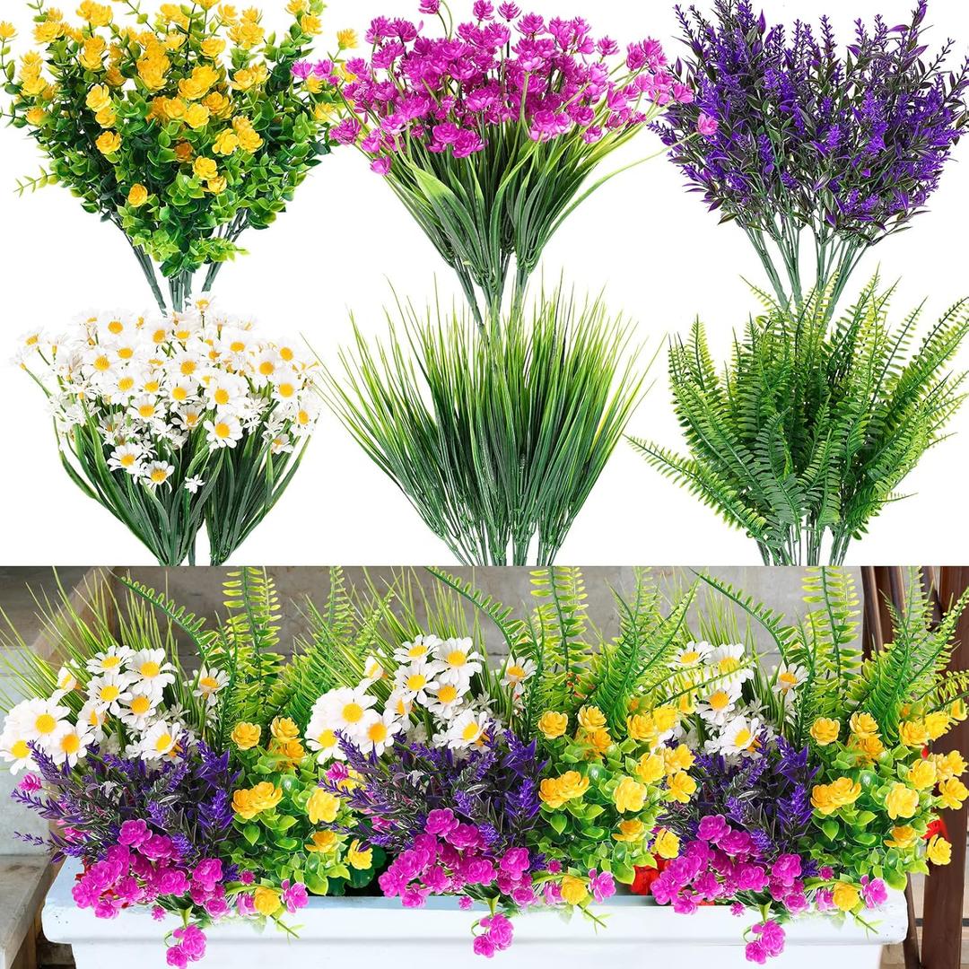 Cindeer 24 Bundles Artificial Flowers Planters Bulk for Outdoors, UV Resistant Artificial Fake Greenery Plastic Faux Flowers Plant Outdoor Indoor Spring Summer for Decors Wedding(Lively Color)